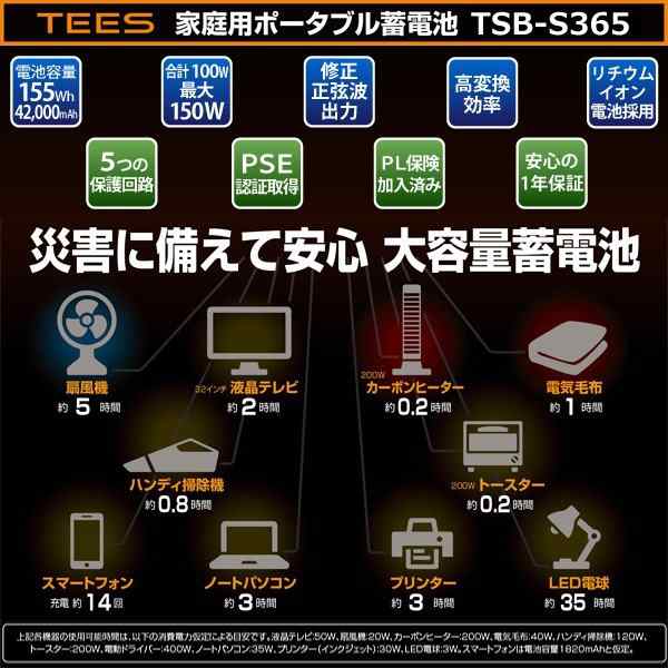 ティーズネットワーク 家庭用ポータブル蓄電池 電池容量222Wh 最大300W