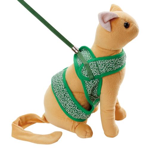 ペティオ 猫小町 ソフトハーネスリード 唐草 M グリーン 緑 猫 ネコ用引き紐 胴輪リード ハーネス 生地 布 猫 ネコ 短毛 長毛 〜7kg コットン ポリエステル テープ ナイロン 日本猫によく似合う Petio