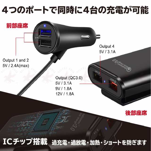 シガーソケット USB 車載充電器 アダプター 1.8m 増設 延長 4ポート 4台同時充電 インテリジェントICチップ内蔵 LEDライト 送料無料の通販はau  PAY マーケット - belsus