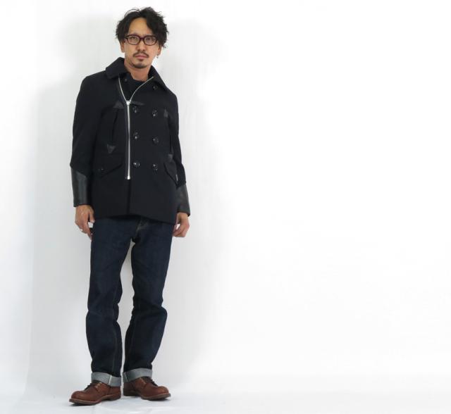 希少✨AVIREX Pコート＋ダブルライダース 牛革切替 NAVY ワッペン 希少】AVIREX Pコート ダブルライダース 牛革切替 NAVY ワッペン