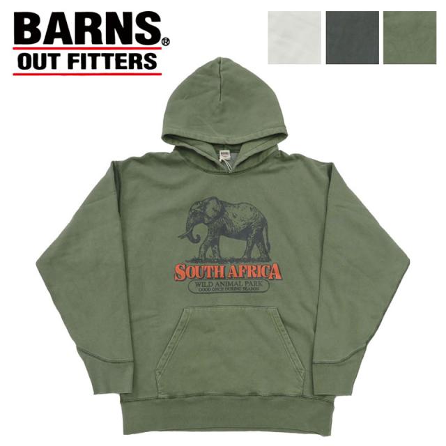 バーンズ BARNS 長袖 プルパーカー アスレチックシリーズ プリント ピグメント染め ”Wild Animal Park” BR-24446