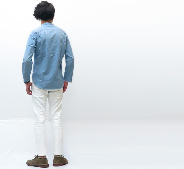 ジョンブル JOHNBULL ノーカラー 長袖 シャンブレーシャツ ブリーチ