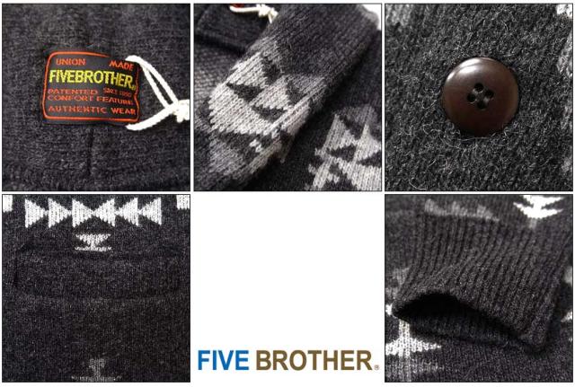 ファイブブラザー FIVE BROTHER カーディガン ニット ウール ネイティブ柄 ショールカラー ダークトーン fb1515075 カーディガン
