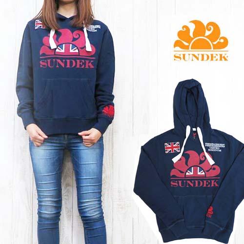 SUNDEK サンデッキ チェーン刺繍プルオーバースウェットパーカー レディース m923jhf1341-nvy-l