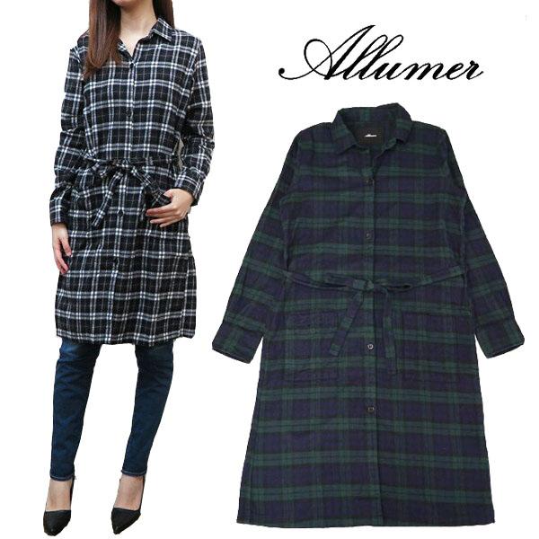 Allumer アリュメール レディース シャツ ロング コート ガウン コットン チェック amr8177712