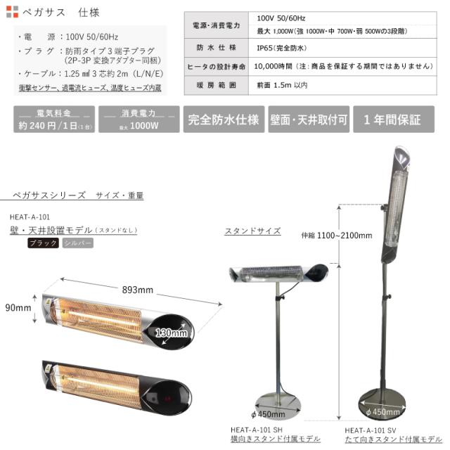 [三太郎の日P10倍！] クレスター Chrester 業務用屋外防水ヒーター ペガサス 1000W ブラック スタンド付オプション横向き取付用_10