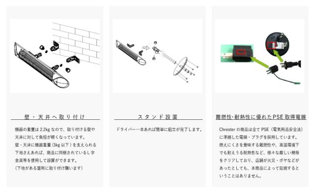 [三太郎の日P10倍！] クレスター Chrester 業務用屋外防水ヒーター ペガサス 1000W シルバー スタンド付オプション横向き取付用_9