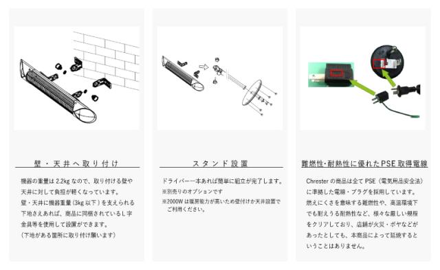 [三太郎の日P10倍！] クレスター Chrester HEAT-A-202B 業務用屋外防水ヒーター ペガサス 2000W 本体のみ ブラック 壁・天井設置モデル_9