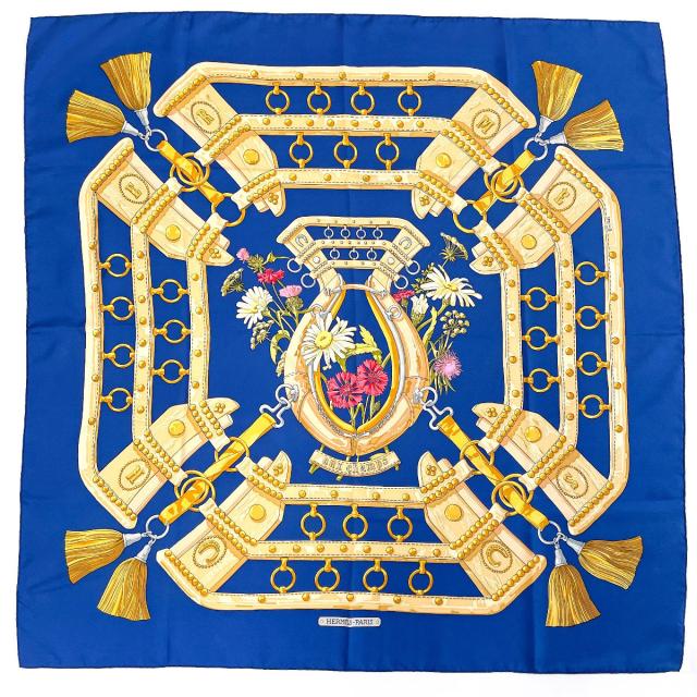 HERMES カレ90 スカーフ シルク ブルー エルメス HERMES 王の羽飾り