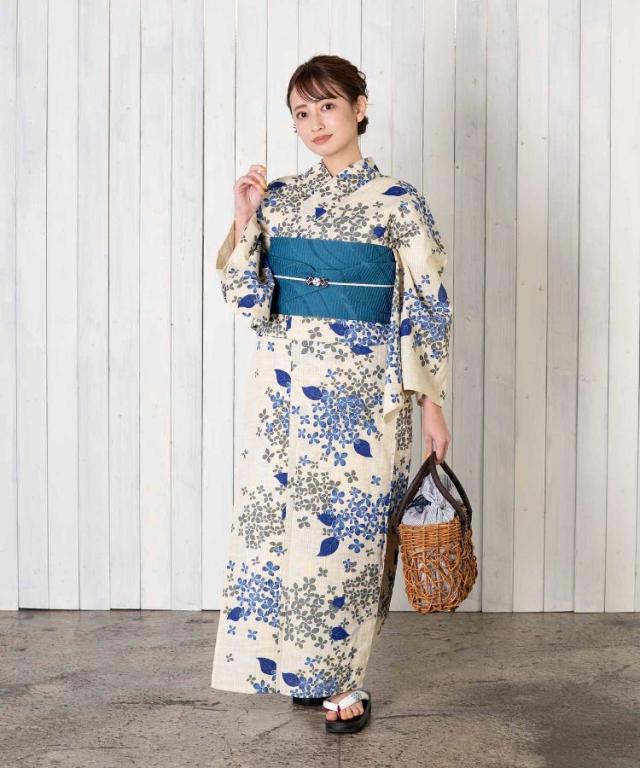 浴衣 レディース ３点セット 浴衣 帯 下駄 ベージュ ブルー グリーン アジサイ あじさい 紫陽花 レトロ レトロモダン フリーの通販はau Pay マーケット ゆかた館グレース