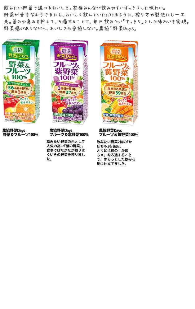 送料無料 Dole(ドール) 果汁100％ジュース200ml / 農協野菜days200ml