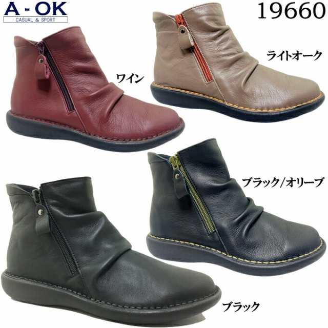 ショートブーツ レディース A-OK CASUAL&SPORTS 19660 エーオーケー ラウンドトゥ フラットソール サイドジッパー 疲れにくい 低反発 ク