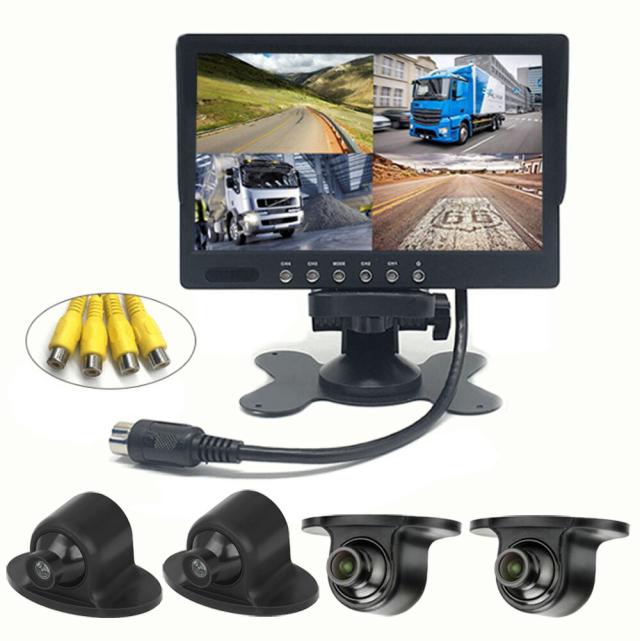 7インチ4分割モニター+ 小型カメラ4個セット 運転死角対策 4個 穴開け不要 角度調節 粘着式 正像・鏡像切替 MN70UFOCS4の通販は