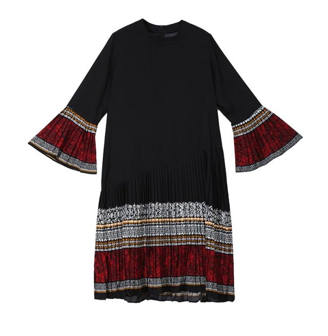 Aラインプリーツワンピース 裾ストライプ模様 フリル袖 ラッパ袖 膝丈 黒 マルチスカラートライプの通販はau Pay マーケット Garage Diva 106