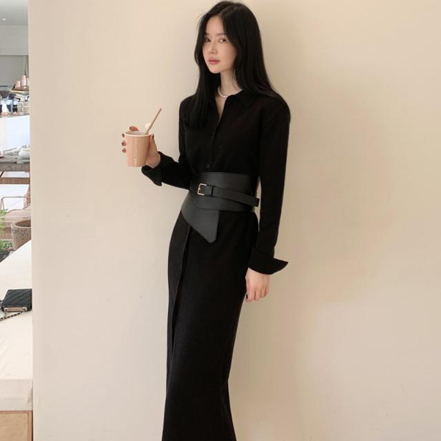 ハイウエストなベルトがワンポイント シンプル シャツワンピース 膝下丈 黒 Ol 通勤 上品 デキる女 美魔女 モード系の通販はau Pay マーケット Garage Diva 106