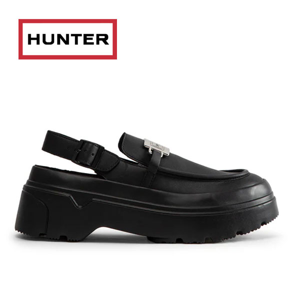 国内正規品 HUNTER リファインド フラットフォーム メタル ヒール ストラップ ローファー レインシューズ　WFF3102LEA ブラック 通学 通勤 耐水性