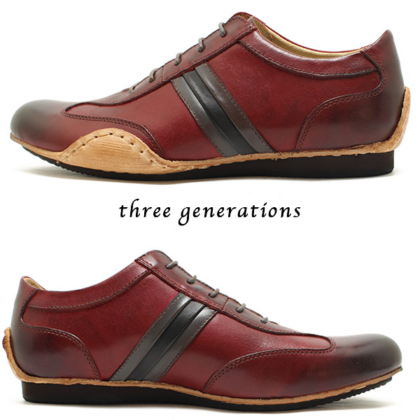 threegenerations/スリージェネレーションズ レースアップ・レザースニーカー ファインレッドレザー(アンティーク加工※焦がし加工)【3gs