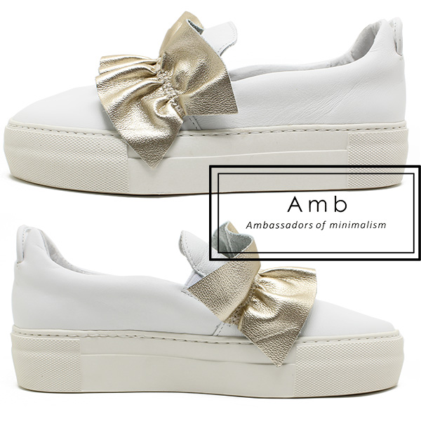 Amb Ambassadors of minimalism/アンバサダーズオブミニマリズム RUFFLE レザーリボンスニーカー ホワイトメタリック レディース/レザー/_1