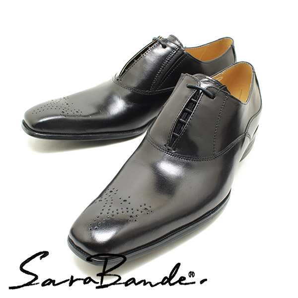 SARABANDE/サラバンド 1371 レースカバー＆メダリオン バッファローレザー・ロングノーズビジネスシューズ ブラック【ボロネーゼ製法/マ