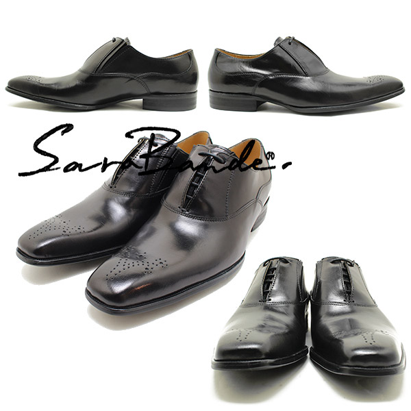 SARABANDE/サラバンド 1371 レースカバー＆メダリオン バッファローレザー・ロングノーズビジネスシューズ ブラック【ボロネーゼ製法/マ_1