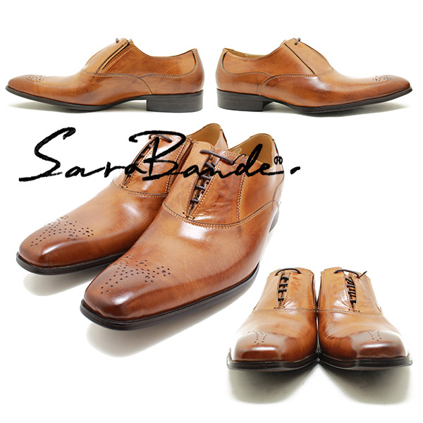 SARABANDE/サラバンド 1371 レースカバー＆メダリオン バッファローレザー・ロングノーズビジネスシューズ キャメル※焦がし加工【ボロネ_1