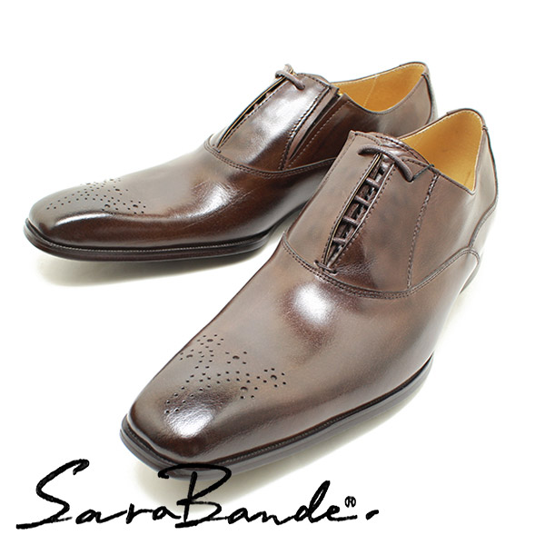 SARABANDE/サラバンド 1371 レースカバー＆メダリオン バッファローレザー・ロングノーズビジネスシューズ ダークブラウン※焦がし加工【