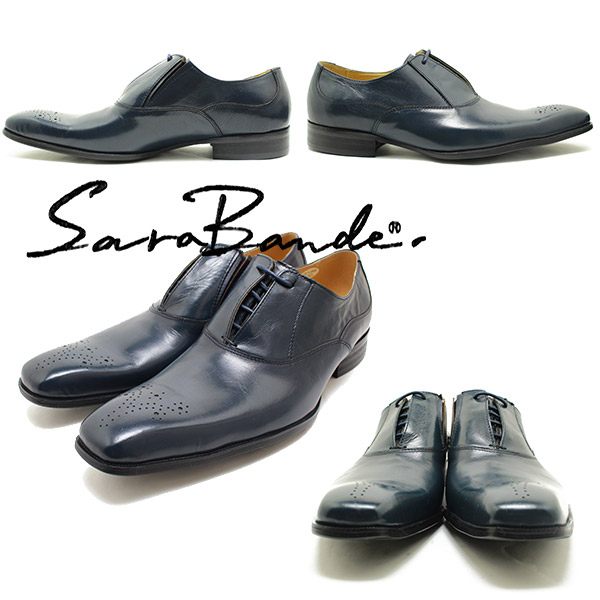 SARABANDE/サラバンド 1371 レースカバー＆メダリオン バッファローレザー・ロングノーズビジネスシューズ ネイビー【ボロネーゼ製法/マ_1