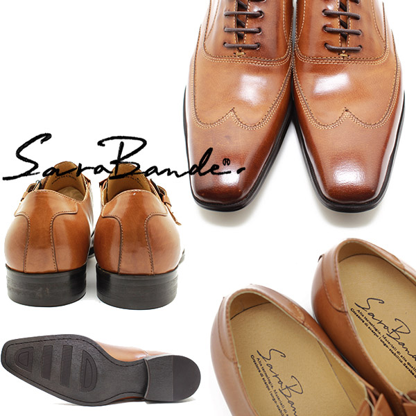 SARABANDE/サラバンド 1373 ノンブローグウイングチップ バッファローレザー・ロングノーズビジネスシューズ キャメル※焦がし加工【ボロ_2
