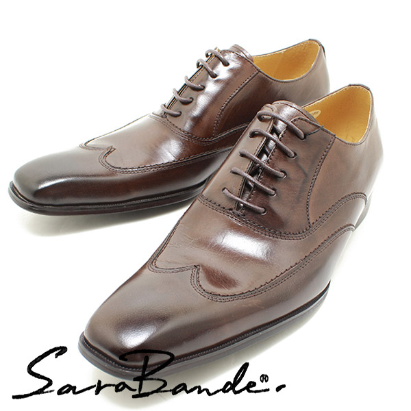 SARABANDE/サラバンド 1373 ノンブローグウイングチップ バッファローレザー・ロングノーズビジネスシューズ ダークブラウン※焦がし加工