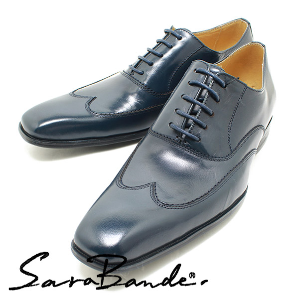 SARABANDE/サラバンド 1373 ノンブローグウイングチップ バッファローレザー・ロングノーズビジネスシューズ ネイビー【ボロネーゼ製法/