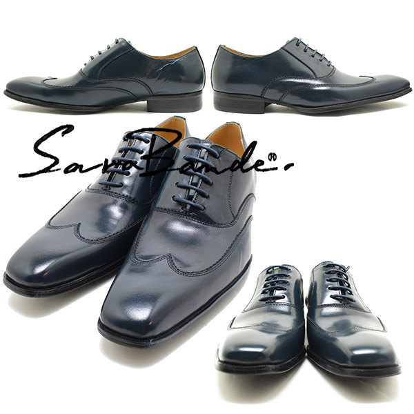 SARABANDE/サラバンド 1373 ノンブローグウイングチップ バッファローレザー・ロングノーズビジネスシューズ ネイビー【ボロネーゼ製法/_1