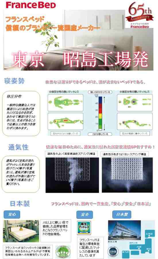 フランスベッド JM-101S シングルサイズ 二段ベッドハイベッド　ロフトベッド超薄型マットレス高密度連続スプリング 送料無料 日本製 　