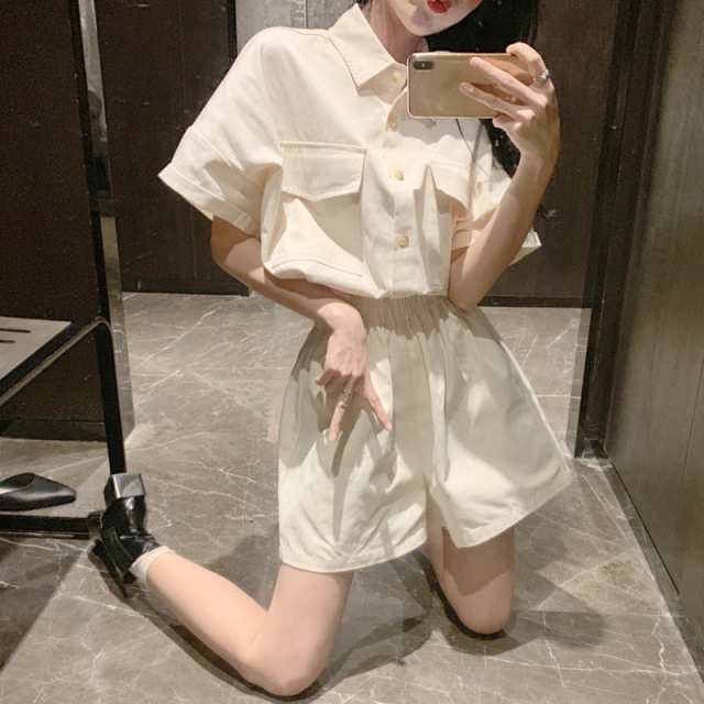 2点セットアップ シャツ パンツ ブラウス ショートパンツ 半袖 体型カバー アイボリー ピンク 代 30代 春 夏 の通販はau Pay マーケット Sunny Place