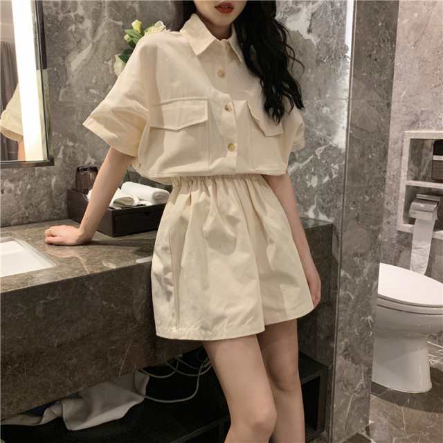 2点セットアップ シャツ パンツ ブラウス ショートパンツ 半袖 体型