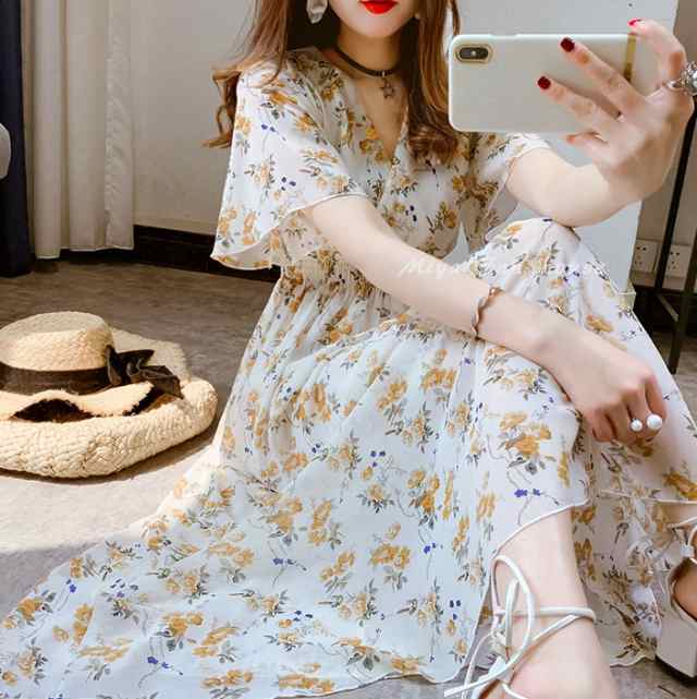 ワンピース ロング 春 夏 半袖 Vネック 花柄 カシュクール シフォン マキシ丈 おしゃれ フェミニン ガーリー アイボリー リゾート 海 旅の通販はau Pay マーケット Sunny Place