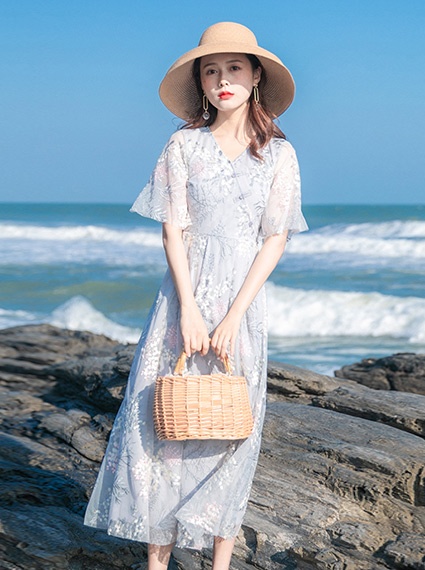 ワンピース ブルー チャイナ風 ドレス 膝下丈 花柄 春 夏 半袖 プリント シフォン フェミニン ガーリー リゾート 海 旅行 南国 韓国 ファの通販はau Pay マーケット Sunny Place