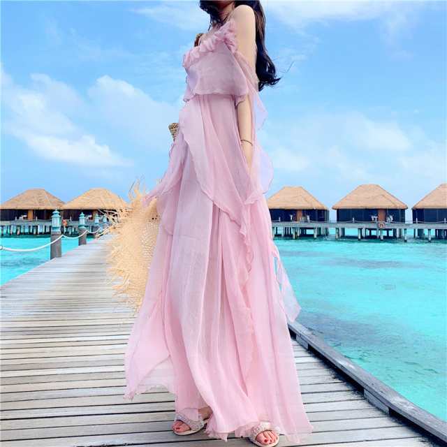 ワンピース キャミワンピ ロング シフォン アシンメトリーフリル 春 夏 おしゃれ フェミニン ガーリー ピンク リゾート 海 旅行 南国 韓の通販はau Pay マーケット Sunny Place