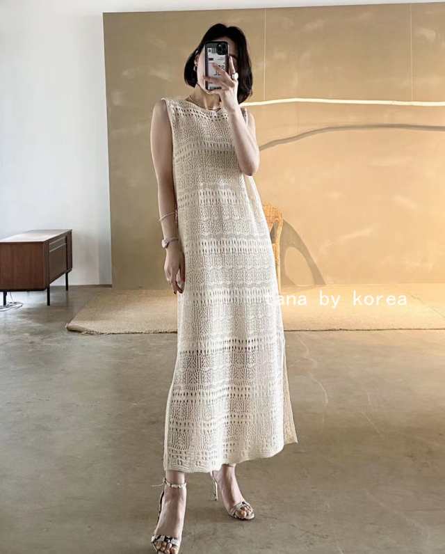 ニット 透かし編み キャミワンピース ニットワンピース レディース ノースリーブ 袖なし スリット ロング丈 マキシ丈 サマーワンピ 20代 au pay マーケット