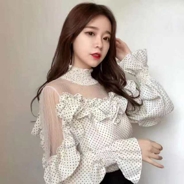 レディース シースルー セクシー ドットブラウス トップス 韓国 ファッション 長袖 大人可愛い 切り替え シアー ハイネック プルオーバーの通販はau Pay マーケット Sunny Place