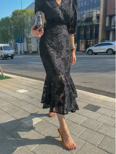 マーメイドワンピース お呼ばれワンピース ドレス ロング バルーン袖 ハイウエスト 7部袖 裾フリル 総レース 代 30代 秋 の通販はau Pay マーケット Sunny Place