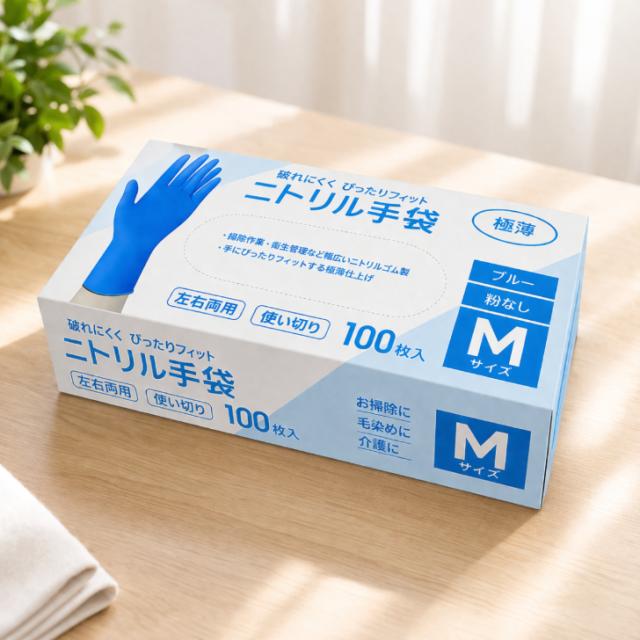 ニトリル手袋 ブルー Mサイズ 100枚入(20箱) 粉無し 極薄 破れにくい