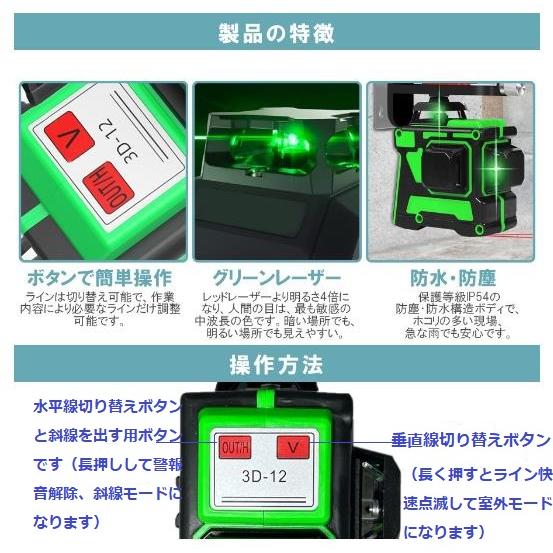 12ライン グリーン レーザー墨出し器/ 3D/墨出し機/墨出器/測定器/水平器/水準器/墨だし器 自動補正機能/ 高輝度 高精度_2