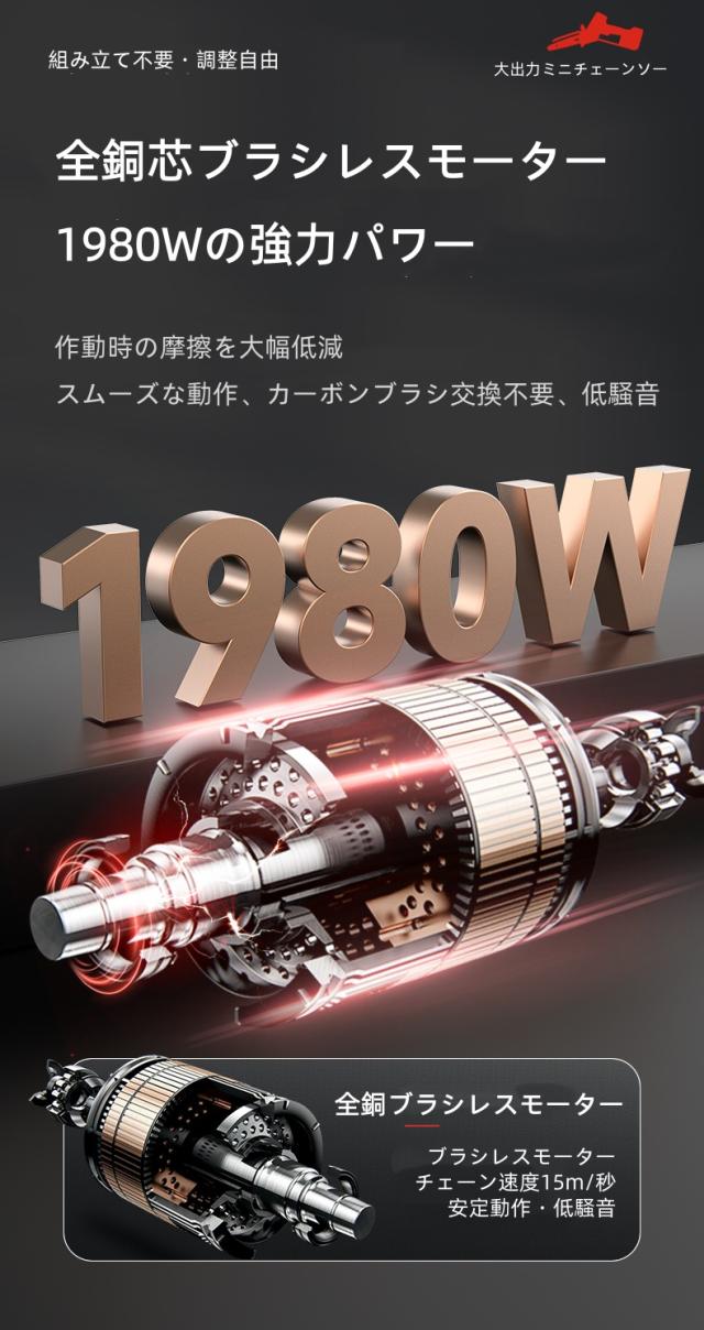 【2026年新モデル】 コードレスチェーンソー 6/8インチ 1980W ブラシレスモーター 0.7kg超軽量 ドイツ技術 A級リチウム電池 2時間急速充電 伐採 薪割り 剪定 多用途 免安装 ギフト_6