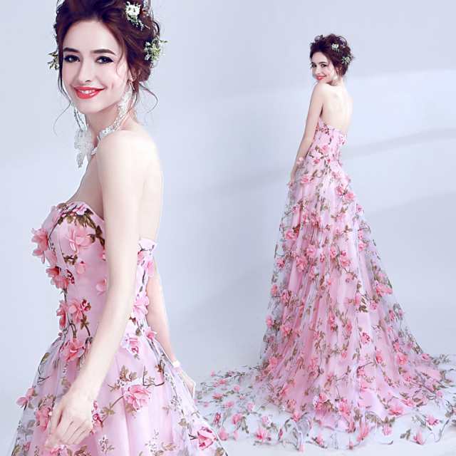 ウェディングドレス カラードレス ロング お花嫁ドレス 編み上げタイプ 花柄 ピンクの通販はau Pay マーケット ドレス専門店
