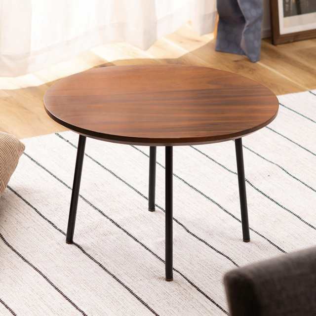 チーク無垢材ラウンドローテーブル ブラックスチール 木製 天然木 丸型