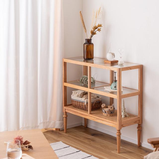 アンティーク風 シェルフ 木製 3段 幅80cm 高さ75cm ガラス 無垢