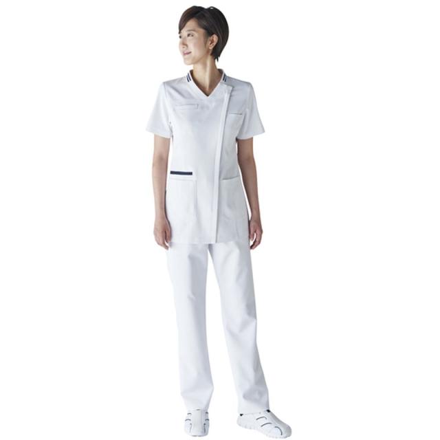 レディススクラブ LL 036-28（ホワイトXネイビー） 1枚 アプロンワールド 24-6507-0004