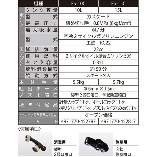 即日出荷 工進 背負式エンジン動噴 ES-15C カスケード式 消毒・除草用 噴霧器_2