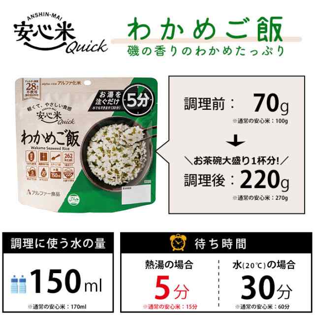 安心米クイック わかめご飯 20袋入 ケース販売 アルファー食品 安心米 アレルギー対応 ハラール対応の通販はau PAY マーケット  あんしんの殿堂防災館 au PAY マーケット－通販サイト