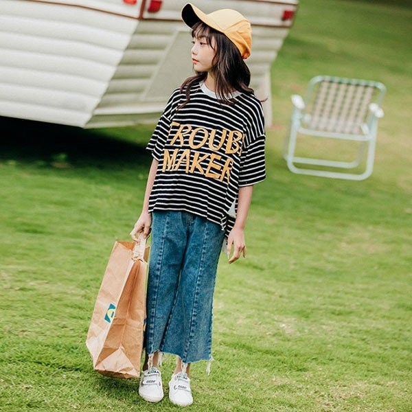 韓国子供服 女の子 Tシャツ ワイドレッグジーンズ 上下セット 五分袖tシャツ キッズ ゆったり 子供用 海外旅行 110 1 130 140 150 160cの通販はau Wowma 株式会社久発商事